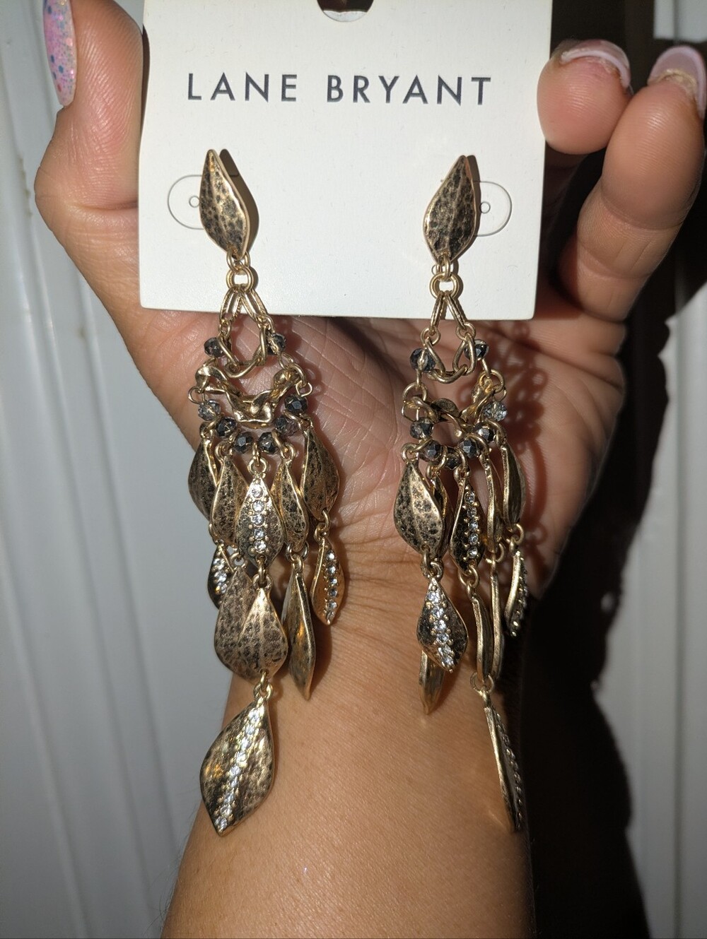 NWT Lane Bryant Gold Tone Rhinestone & Beaded Tiered Leaf Chandelier Earrings